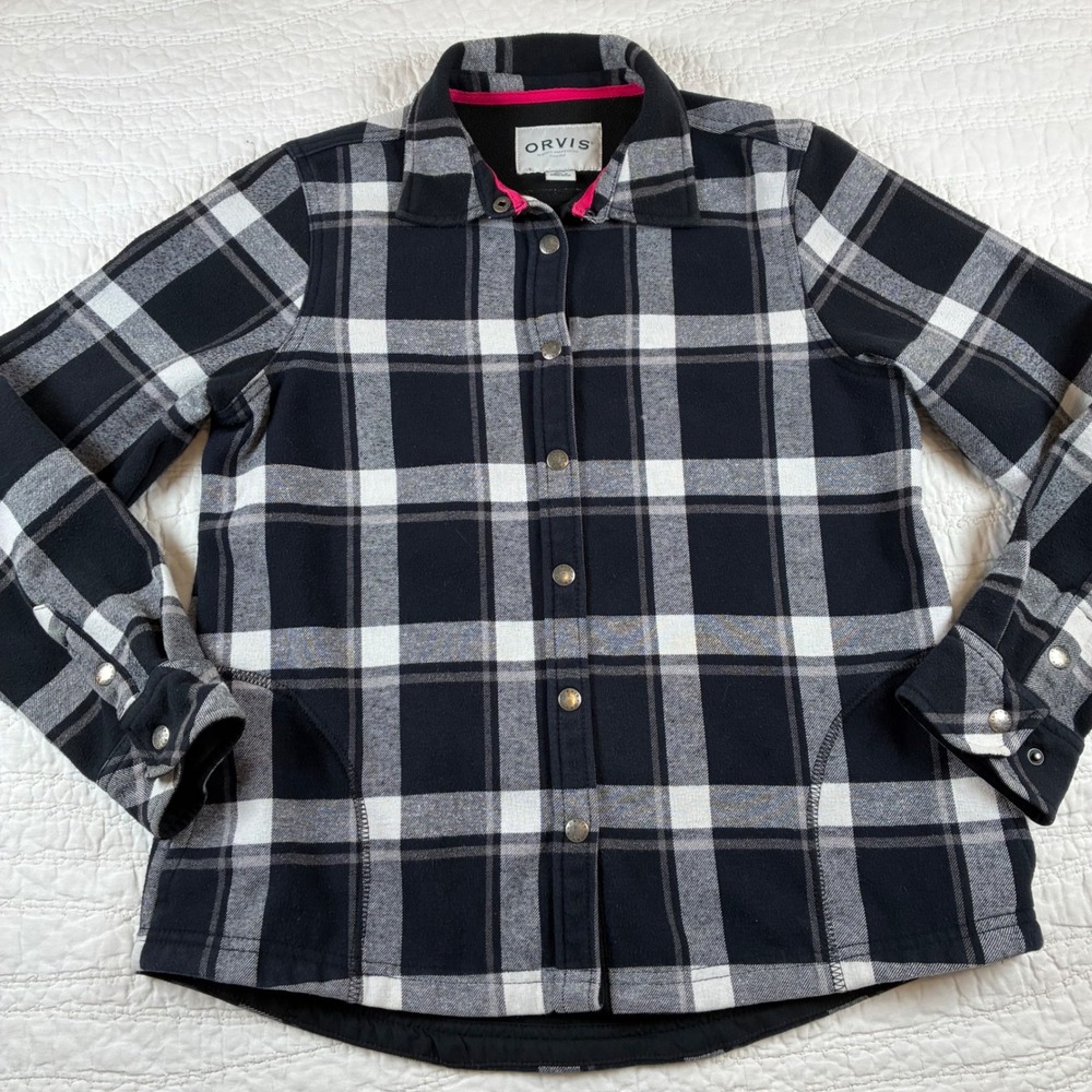 Orvis Shirt Jacket Womens Med Black Plaid Fleece Lined Snap Front Shacket Cabin